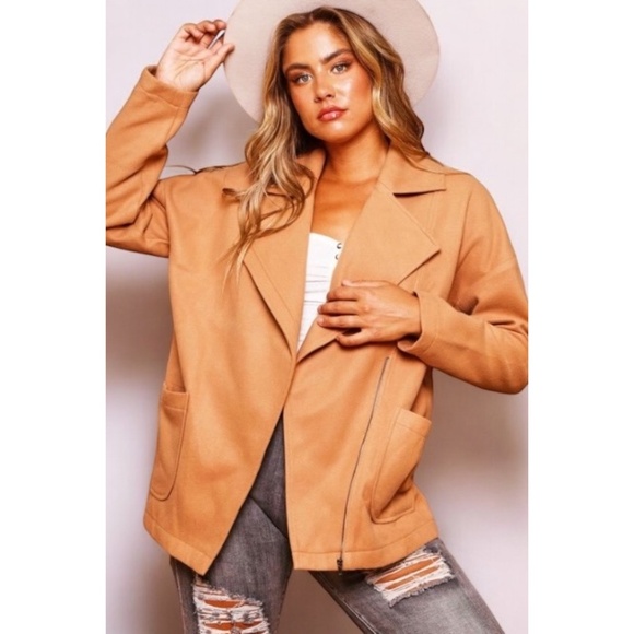 PEACH LOVE Camel Blazer Style Zip Up Soft Jacket - Picture 9 of 9